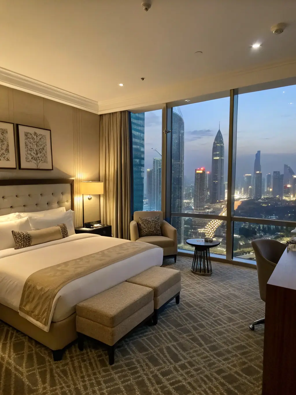 A high-quality image of a luxurious hotel room, representing Prestige Group's hotel booking service.