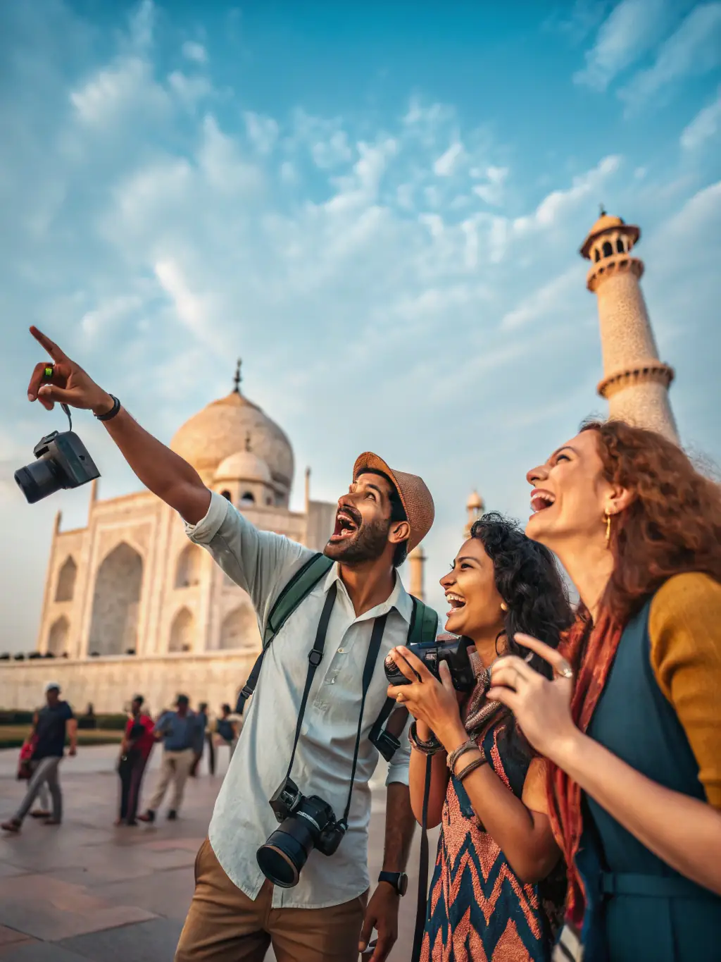 A vibrant image of a group of tourists enjoying a guided tour at a famous landmark, representing Prestige Group's guided tour service.