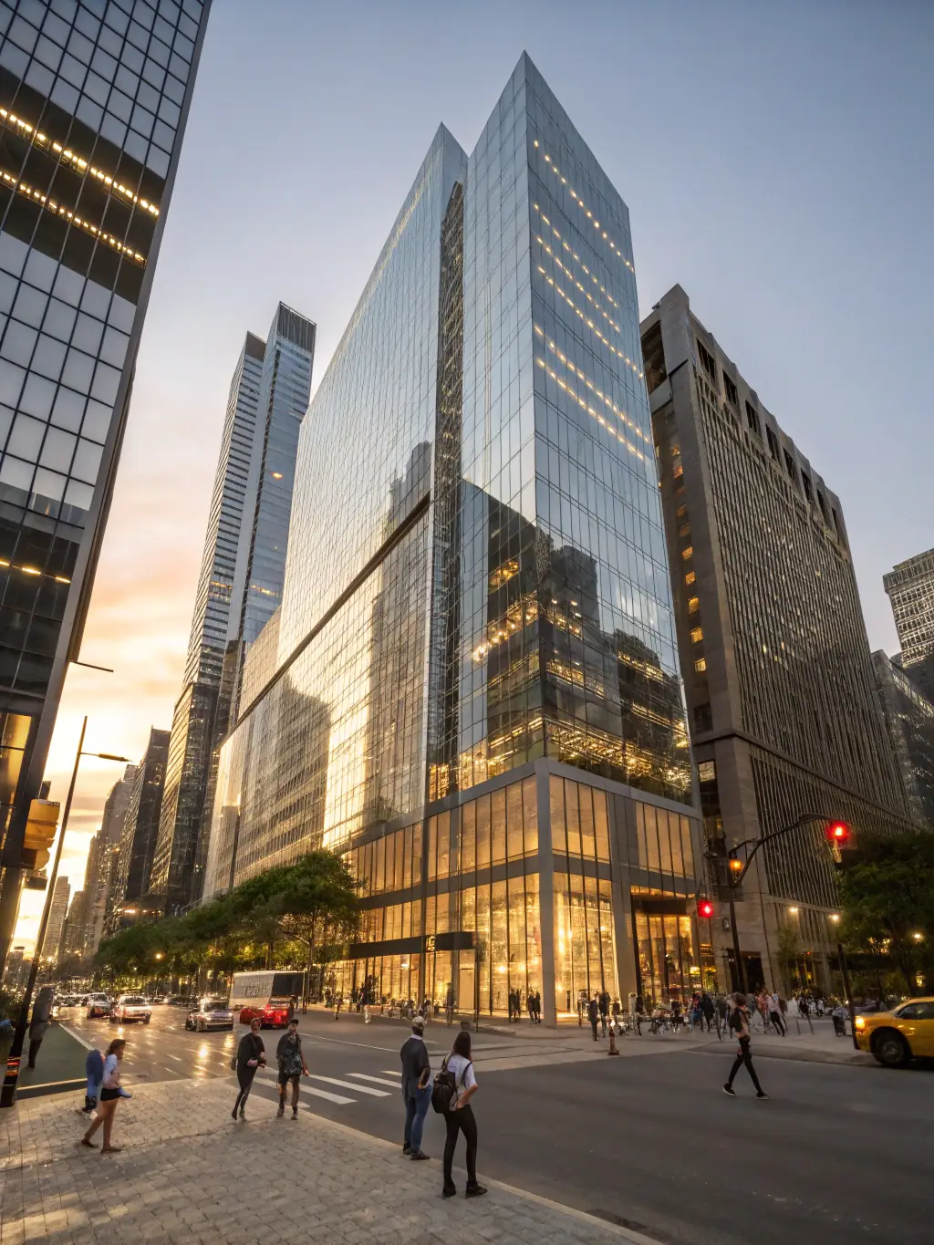 A modern commercial building with glass facade and a busy street in front, representing Prestige Group's capabilities in commercial construction projects.