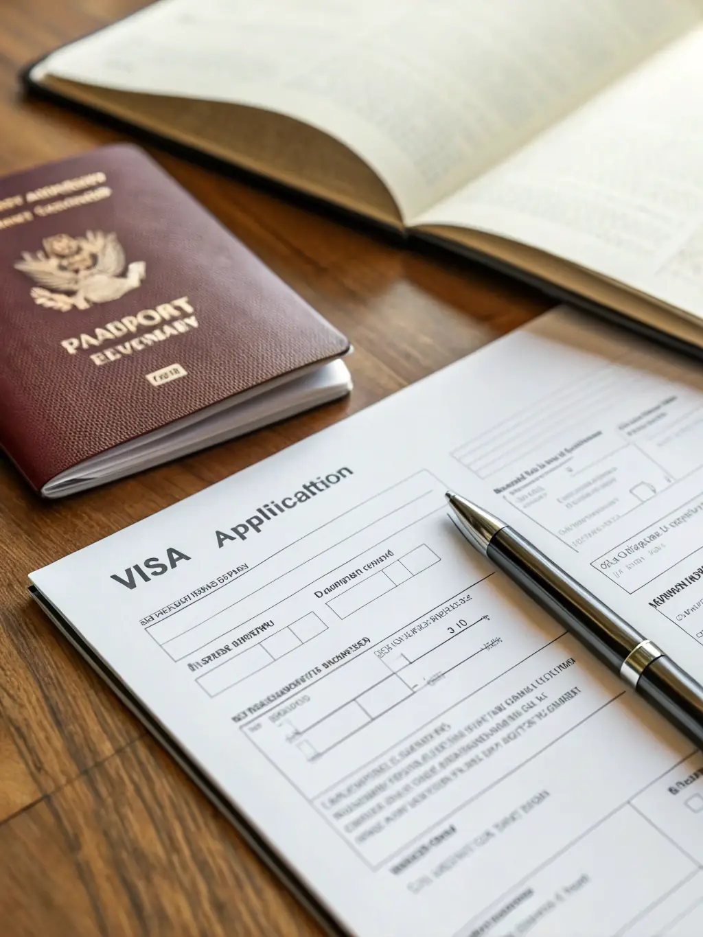 A photo of a passport and visa application form, symbolizing Prestige Group's visa assistance service.