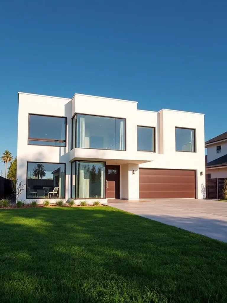 A newly constructed modern residential building with large windows and a well-manicured lawn, showcasing Prestige Group's expertise in residential construction.